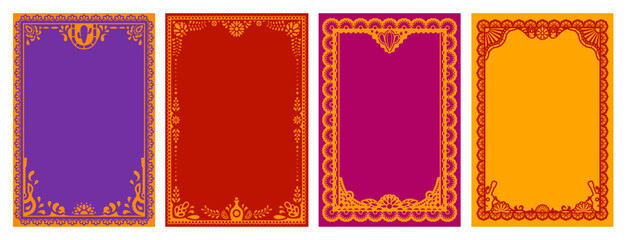 Mexican papel picado frames, hispanic fiesta and holiday festival invitation borders. Vector Mexico paper art frame pattern with flowers, cactus and mexican folk ornaments, guitars and tequila bottles © Seavector