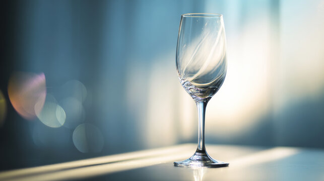 Empty stemware glass standing upright, catching gentle light reflections against a soft, gradient background with circular bokeh