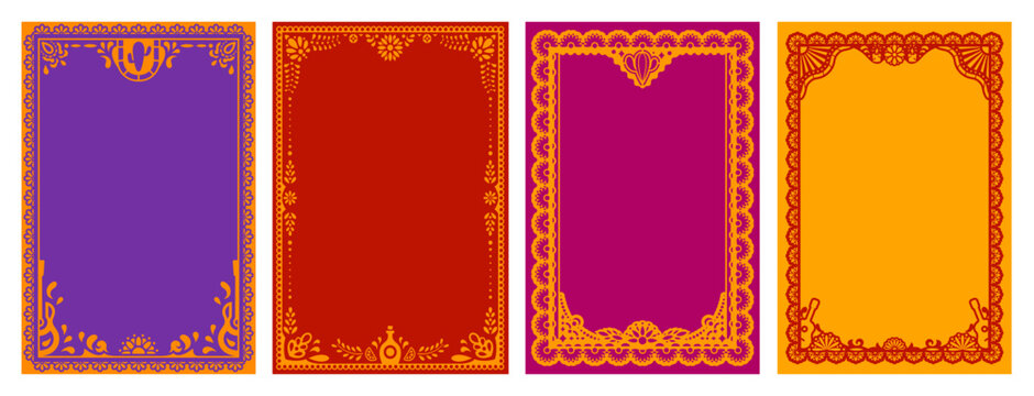 Mexican papel picado frames, hispanic fiesta and holiday festival invitation borders. Vector Mexico paper art frame pattern with flowers, cactus and mexican folk ornaments, guitars and tequila bottles