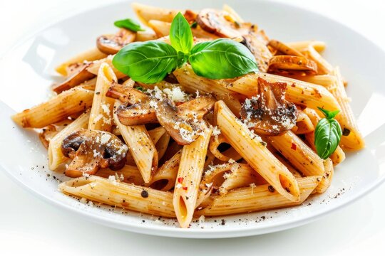 Penne Pasta Al Dente with Fried Mushrooms, Generative AI Illustration