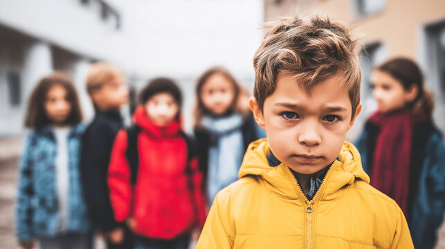 Boy looking sad and isolated, standing apart from children group in blurry background, representing social exclusion