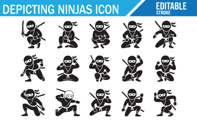 Fototapeta premium Black Ninja Mascot Icon Set for Game, Sticker and Graphic Design