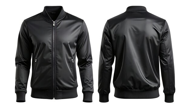 Black leather bomber jacket front and back.