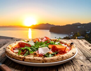 Delicious pizza on wooden table outdoors.