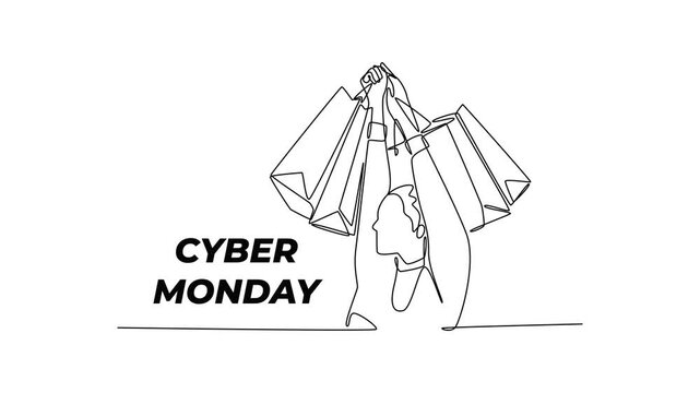 Young woman expressing happiness and hoy, raising many colorful shopping bags. Cyber monday concept. Single line draw design. Full length animation illustration. High quality 4k footage