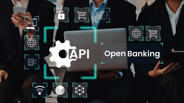 Business professionals discussing API technology and open banking in a modern office environment with digital interfaces and security elements Gluon.
