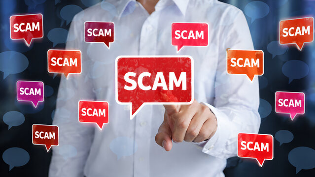 Scam alert, scam concept, online scam, fraud warning, cybercrime illustration