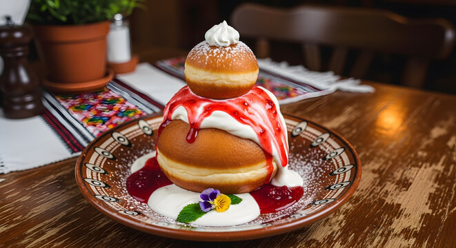 Stacks of Romanian cheese donuts with cherry sauce and cream known as Papanasi, served in a plate on table in a traditional Romanian house background
