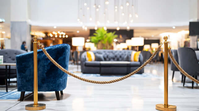 Luxurious hotel lobby and lounge area featuring gold stanchions and braided ropes, directing access to comfortable seating