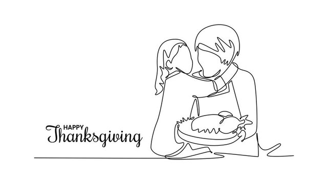 Happy family sitting at the table and celebrating thanksgiving day. Thanksgiving concept. Single line draw design. Full length animation illustration. High quality 4k footage