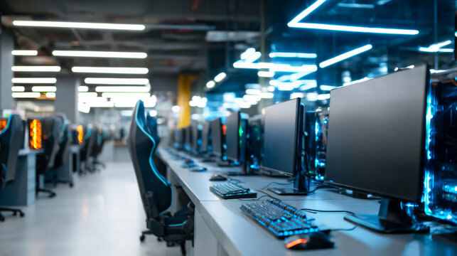 Modern computer lab interior displaying rows of powerful gaming workstations and chairs with blue neon light