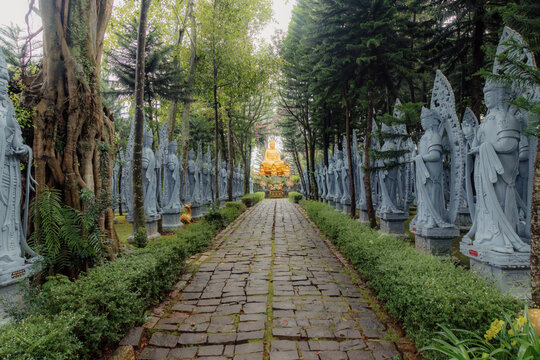 A stone pathway leads through a serene garden lined with numerous Buddhist statues towards a golden Buddha statue in inh An Pagoda, Da Lat, Vietnam.