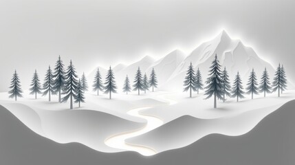 Obraz premium Winter landscape. Snow covered mountains, trees, river. Calm scene, grayscale palette, peaceful environment.