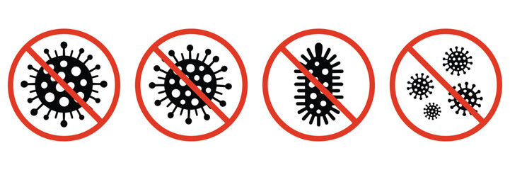 No virus infection icon set, stop germs bacteria and coronavirus prevention symbols in red warning circles vector illustration for health safety design.