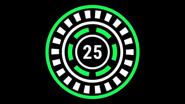 30-second gear-style countdown in green and white on black background with blinking outer ring, rotating inner dash ring, and changing center number.