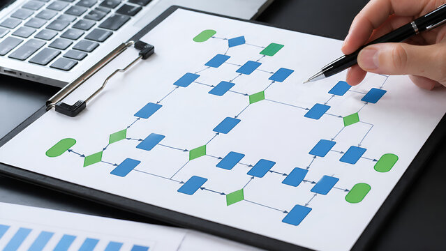 Business strategy flowchart, workflow diagram, process mapping, office desk with laptop and hand holding pen