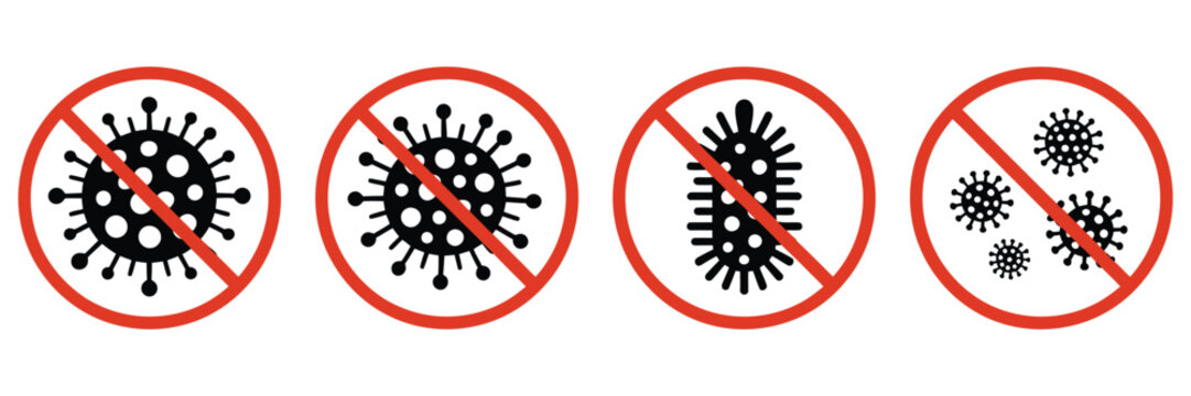 No virus infection icon set, stop germs bacteria and coronavirus prevention symbols in red warning circles vector illustration for health safety design.