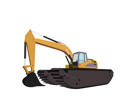 Large yellow amphibious excavator on land and in water. A machine for clearing mud from a river. Vector illustration, isolated  on the white background 