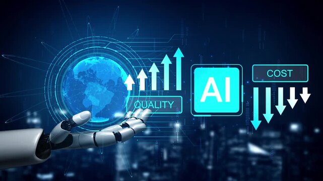 Futuristic Robotic Hand Presenting Data Analytics on Artificial Intelligence Impact on Quality and Cost in Modern Business Environment Gluon.