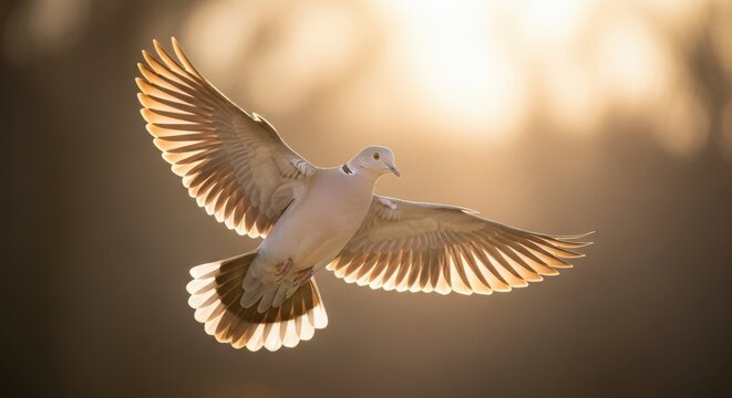 Eurasian collared dove in flight with wings spread against golden light