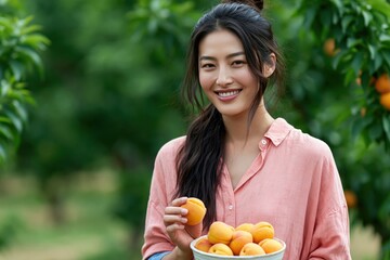 Obraz premium Young woman smiling while holding apricots in orchard grove outdoors