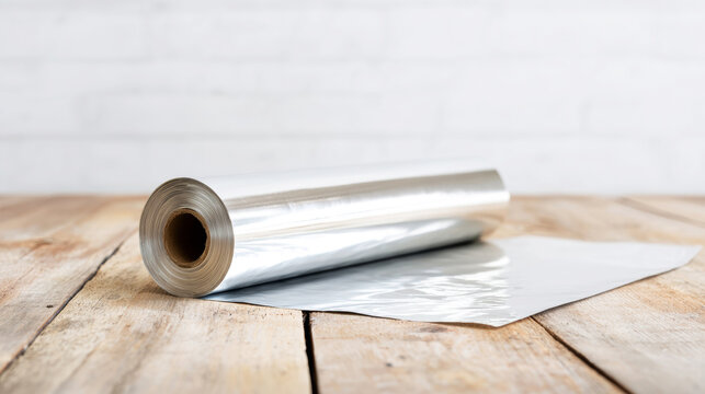 Aluminum foil roll unrolling on a wooden table, reflecting light in a minimal kitchen setting, food preparation concept