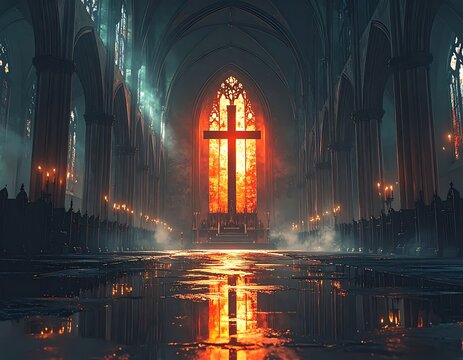 Mysterious cathedral interior with glowing window.