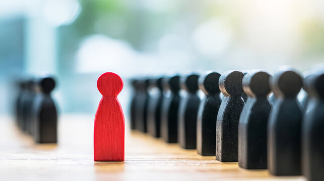 Red wooden figure standing out from a row of blurred black figures representing individuality and leadership