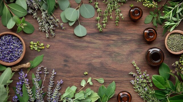 eucalyptus. Medicinal herbs and essential oils collection with lavender and eucalyptus arrangement. menu design, packaging mockups, designed for culinary blogs and recipe cards for restaurants.