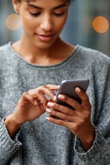 Fototapeta premium Young woman tapping smartphone with cropped hands in city