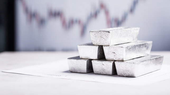 Stacked silver bullion bars representing precious metal investment, wealth, and a secure financial future against market charts