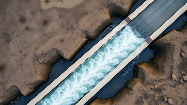 Water flowing through a straight concrete channel in an old dry riverbed from above.