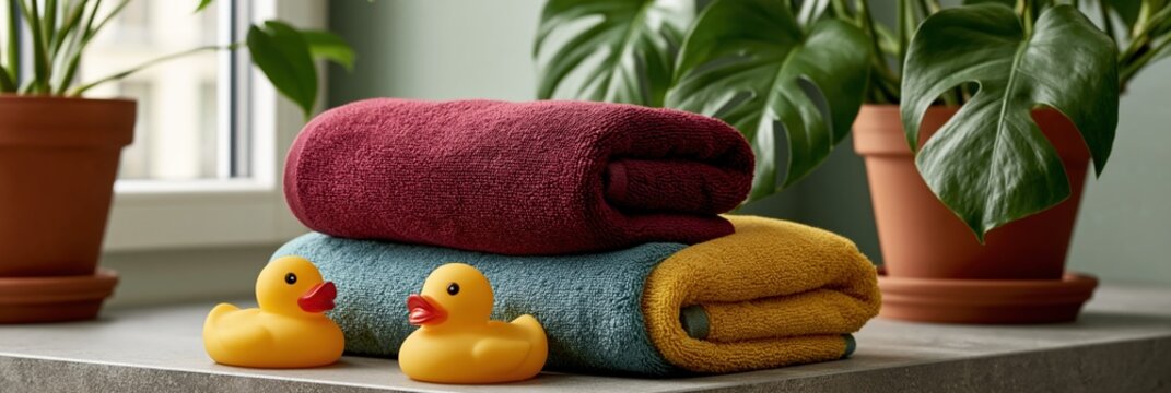 Stacked towels with two rubber ducks near potted plants on sill