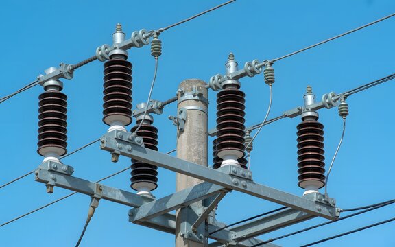High voltage electrical insulators on power transmission line against blue sky