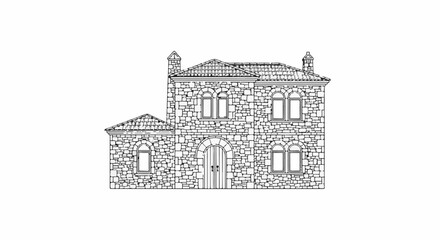 Obraz premium Architectural drawing of a stone house with a tiled roof and arched windows