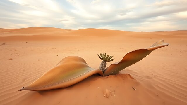 A Welwitschia mirabilis plant with broad leaves sprawling across a desert landscape.