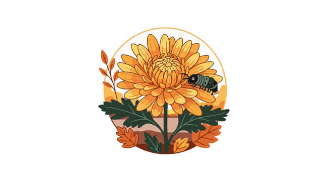 An illustrated golden chrysanthemum with a caterpillar and autumn leaves