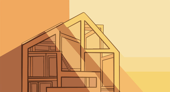 Architectural sketch of a building's internal structure with warm, layered tones