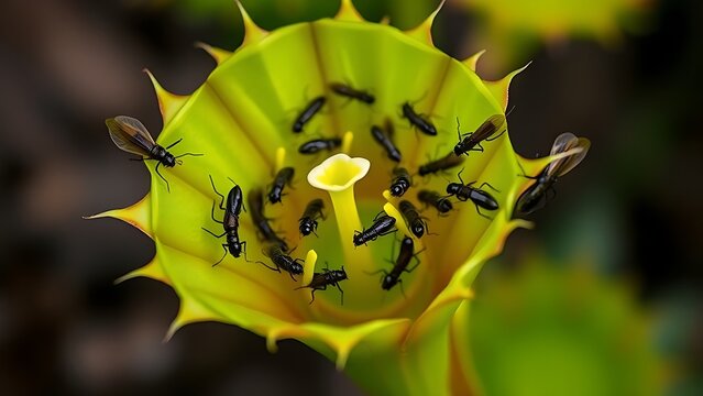 A Venus flytrap flower surrounded by insects in a close-up view.