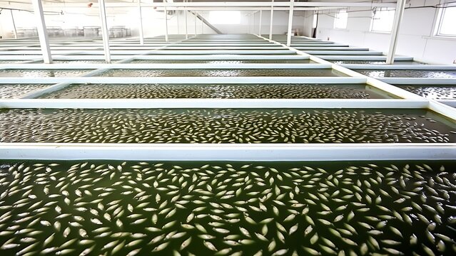 A coastal hatchery with rows of water tanks containing tiny fish fry in a clean, organized facility.
