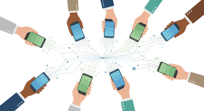 Diverse hands holding smartphones connected to a central network hub, symbolizing communication and data sharing.