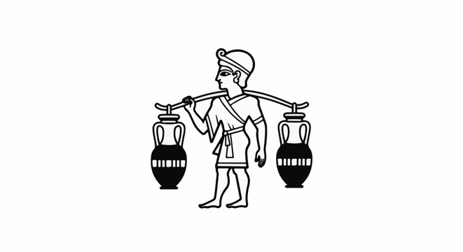 Ancient figure carries water jugs over shoulders