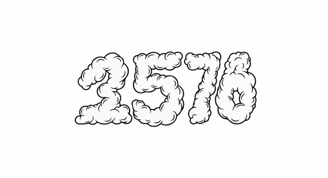 Black and white comic-style numbers made of cloud-like shapes