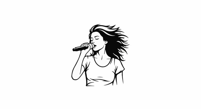 Black and white illustration of a female singer with windblown hair holding a microphone