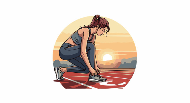 Athletic woman tying shoelaces on a track at sunrise, framed by an oval