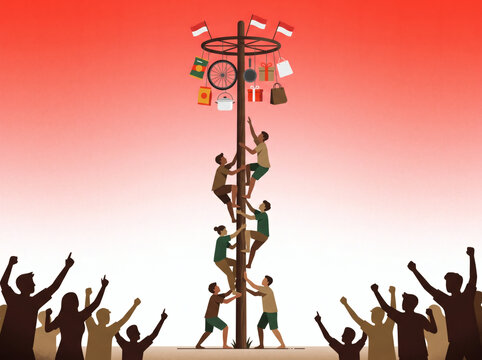 Flat vector illustration of Panjat Pinang, a traditional pole climbing game during Indonesian Independence Day, showing teamwork and celebration.