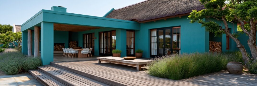 Teal house with open terrace and wooden deck seating