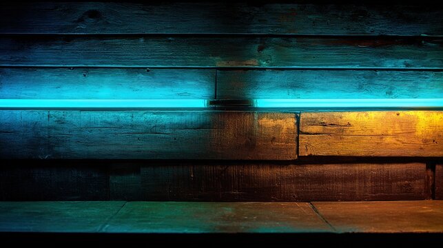 hangout. Neon lights casting a glow on a rustic wooden wall, creating an atmospheric bar ambiance. bar promotions, beverage menus, designed for food & beverage menus and cafe branding.