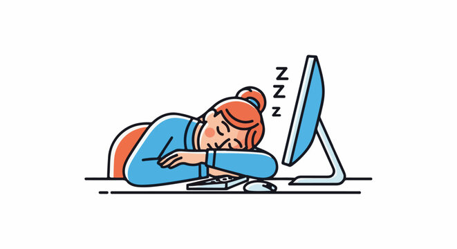 Cartoon illustration of a woman asleep at her desk with a computer