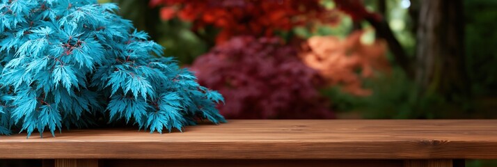 Fototapeta premium Wooden table with blue foliage and blurred garden background